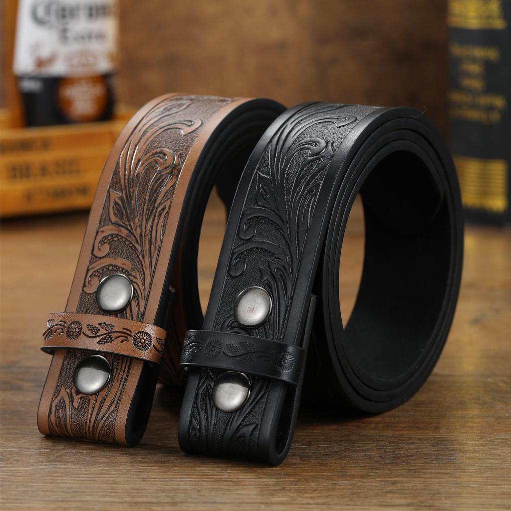Punk Style Retro Embossed Belt Body Button Belt Men'S Western Denim Belt Various Styles Plate Buckle