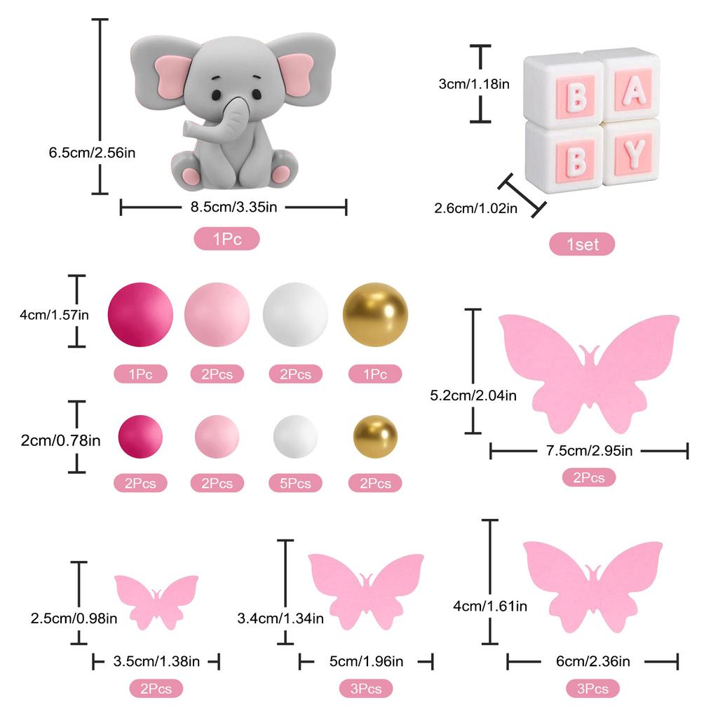 29Pcs Elephant Cake Decoration  Pink BABY Letter Cake Toppers Gold Pink White Ball for Baby Shower Elephant Theme Party Supplies