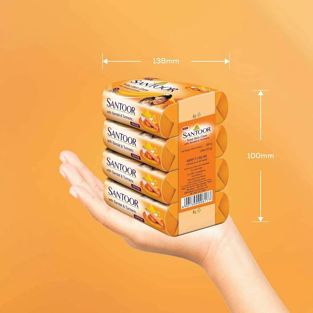 Santoor Sandalwood and Turmeric Bath Soap for Younger Looking and Glowing 125gx4