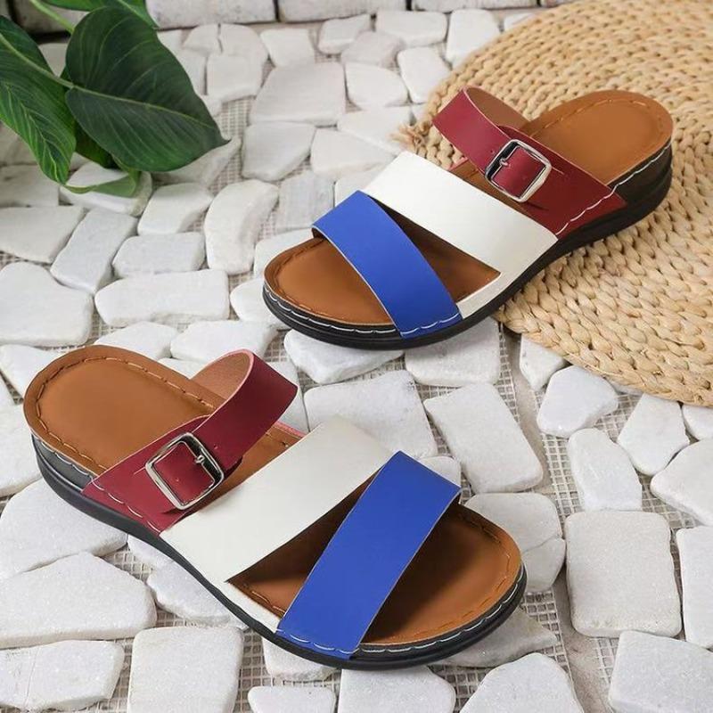 Women's Plus Size New Summer European American Style Color Blocking Wedge Heel Open Toe Slide on Beach Sandals