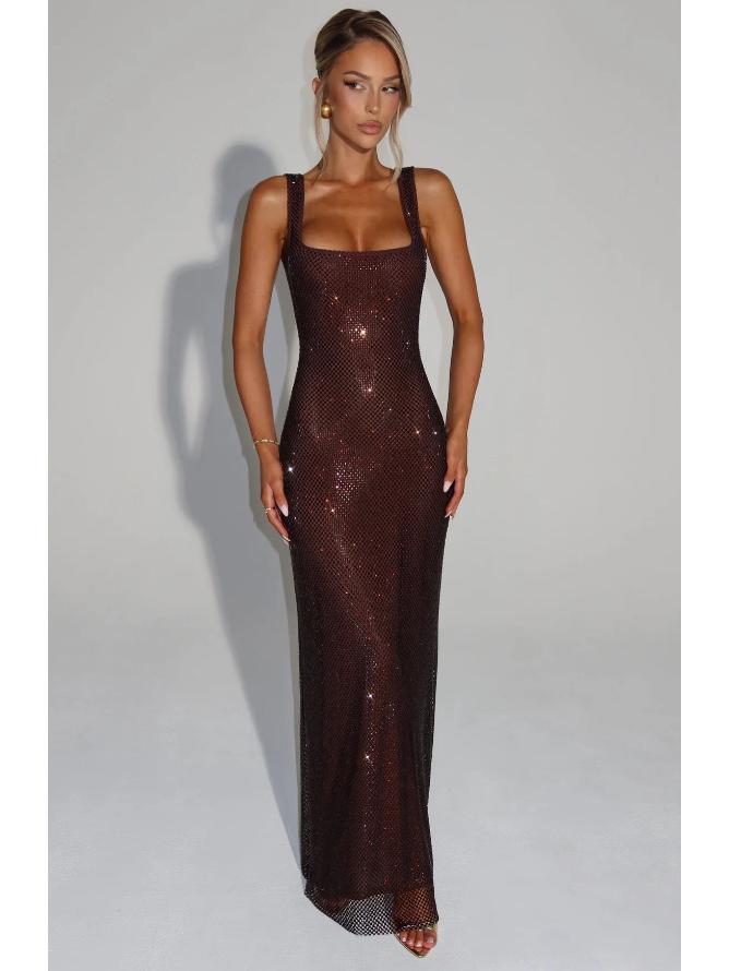 Elegant 2025 Sequin Rhinestone Bodycon Evening Dress with Double Shoulder Strap