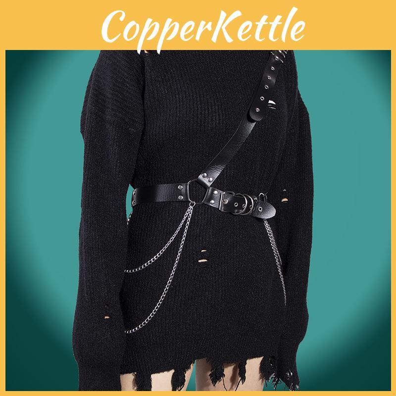 Punk Style Leather Body Bondage Belt With Chain For Nightclub Fashion