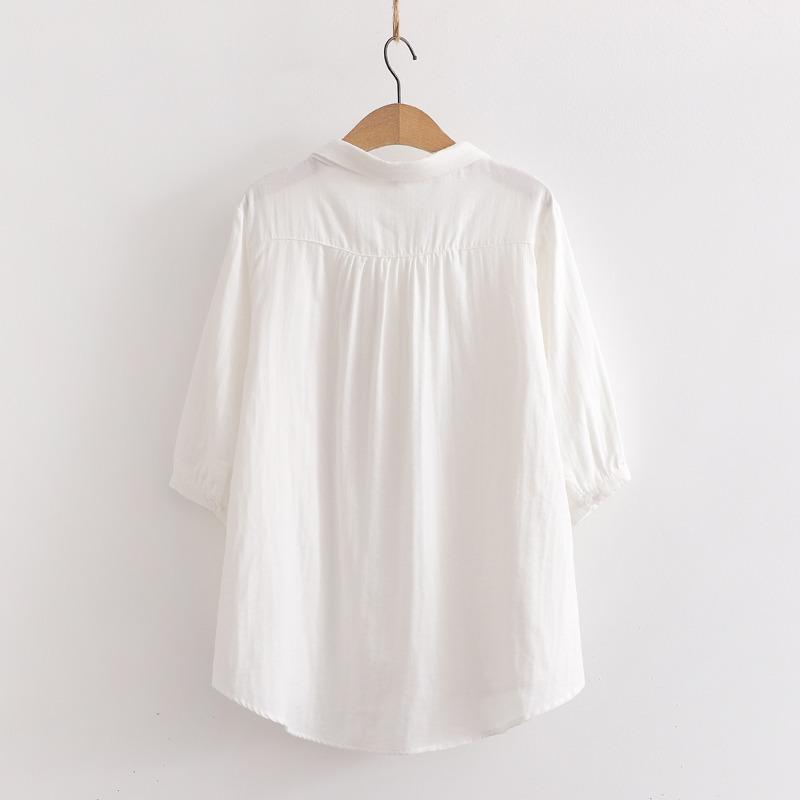 Fresh Floral Embroidered Cotton Yarn Cardigan Blouses & Shirts with Three Quarter Sleeves Women's Summer Loose Fit Slimming Top