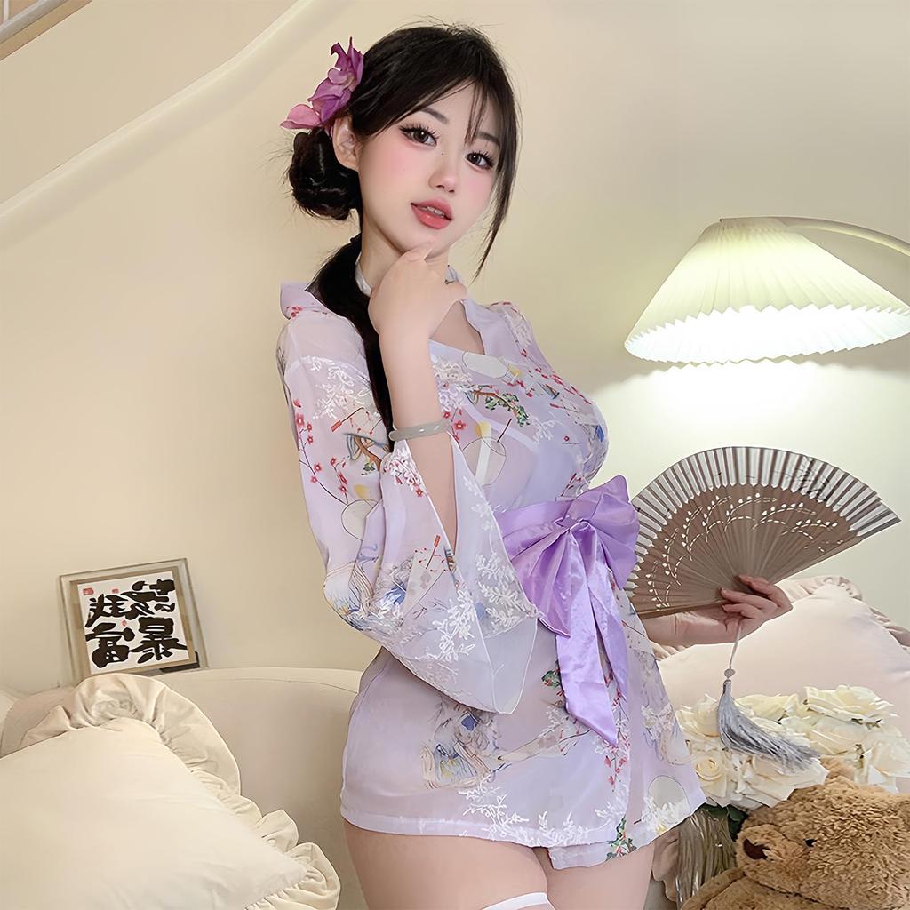 Sexy Yukata Cosplay Kimono Japanese Style Lingerie 4 Piece Set Bra Gown T One Size Fits Most Cosplay Costume Babydoll Cute Open Front Cute Japanese