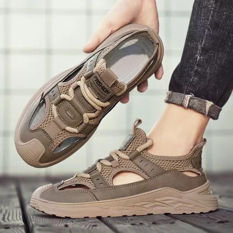 Fashion 2025 Men Rubber Shoes Sport Man Summer Sandals Leather Italian Men’s Beach Tennis  Fashion Hollow Out Lace-Up Slippers