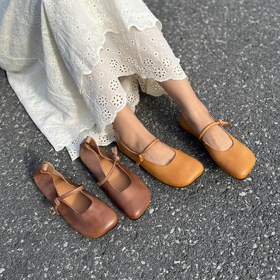 Spring Autumn Retro Button Shallow Soft Sole Flats Casual Round Toe Loafers Women Genuine Leather Shoes