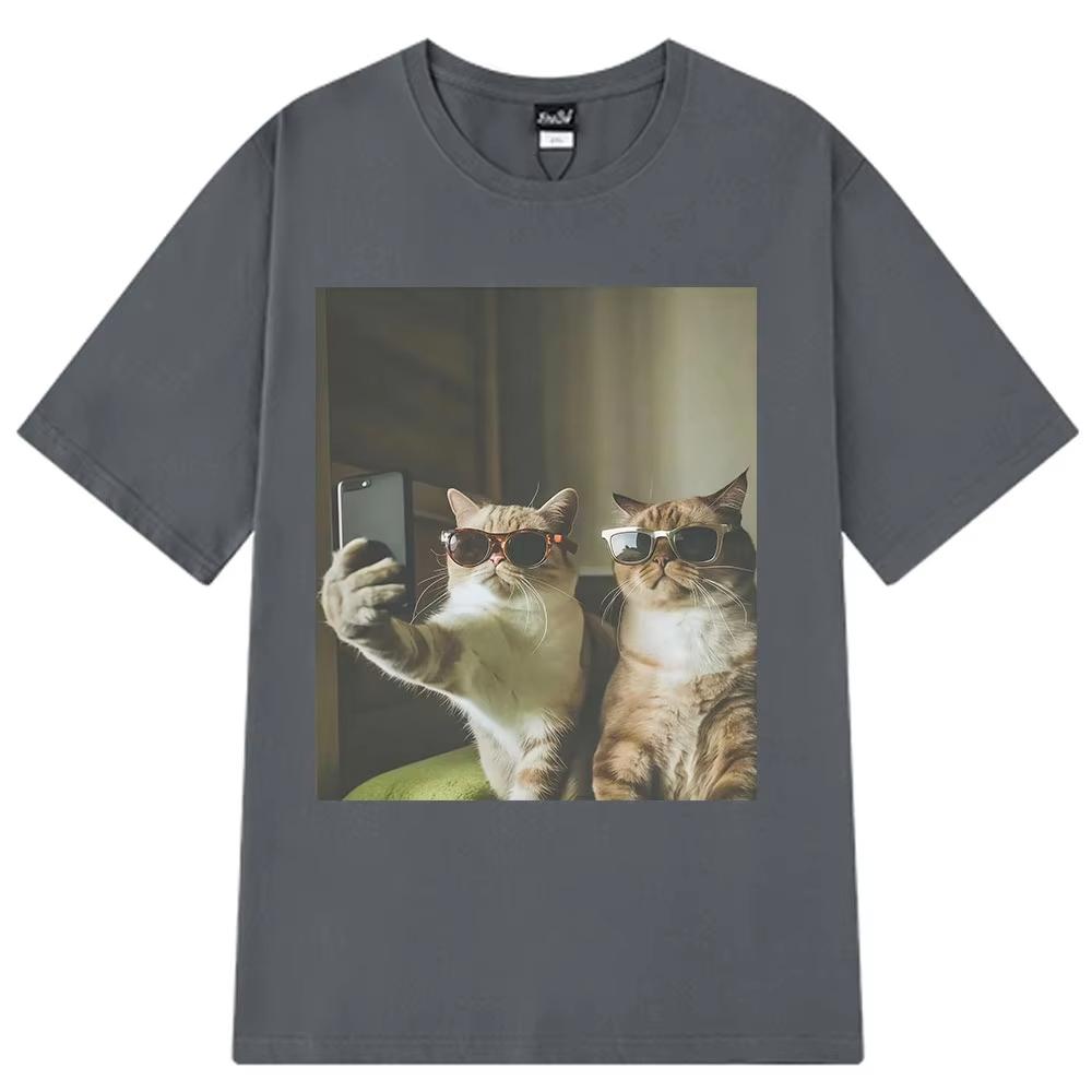 Vintage Selfie Buddy Funny Cat Meme T Shirt Men Women Harajuku Fashion T-shirts Short-sleeved Cotton Hip-hop Casual T-shirts