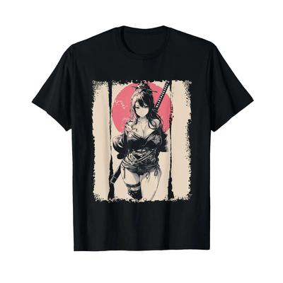 Sexy Anime Girl Japanese Samurai Red Sun T Shirt Vintage Top For Everyday Wear Unisex Stretched Graphic Comfortable