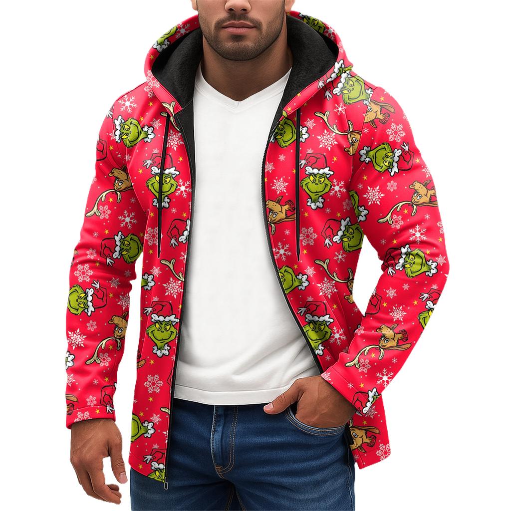 Christmas Print - Men's Casual Long-Sleeved Zippered Hooded Sweatshirt Jacket