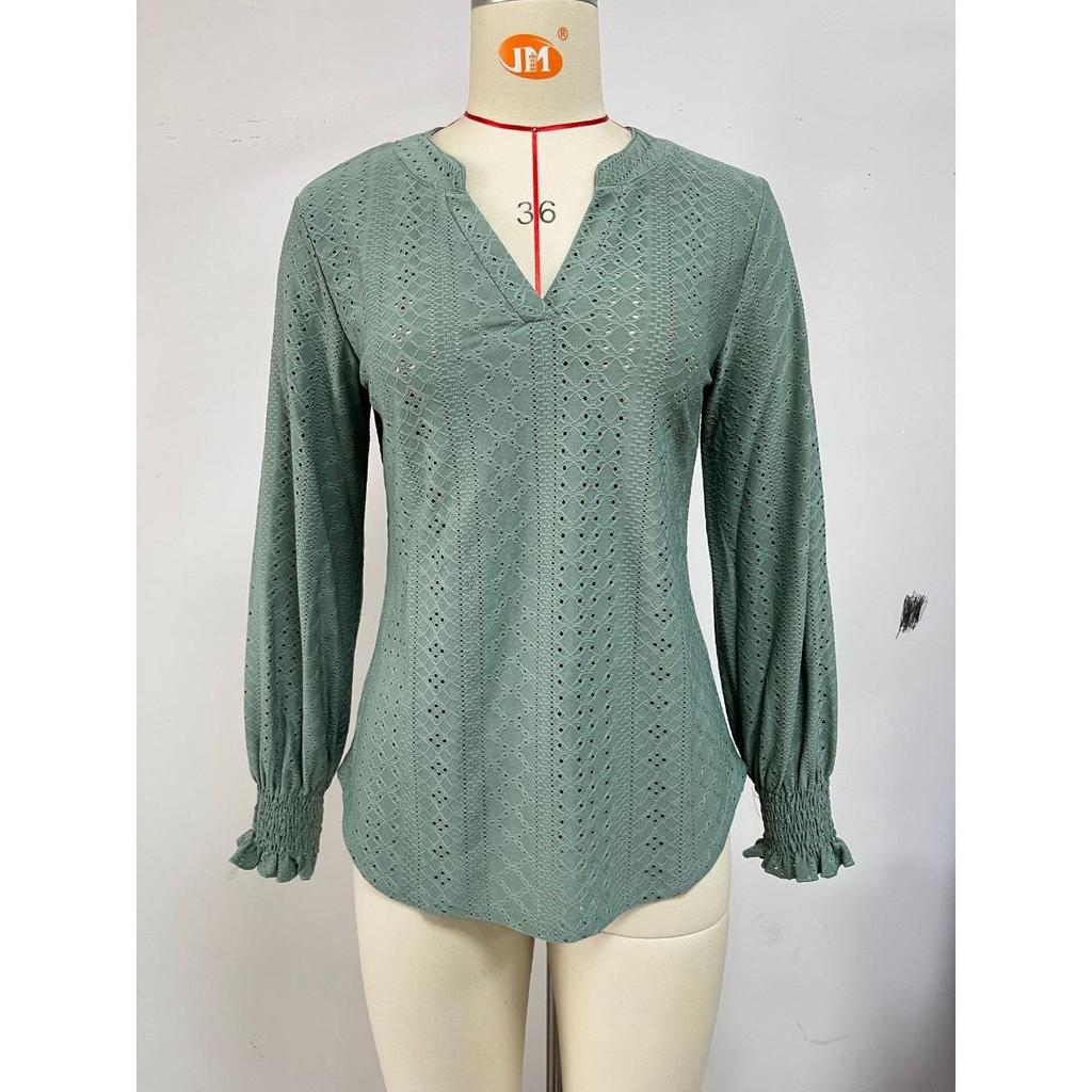 Ruffle Sleeve Solid Color Top V Neck Hollow Out Long Sleeve Loose for Women Crossborder European American Fashion