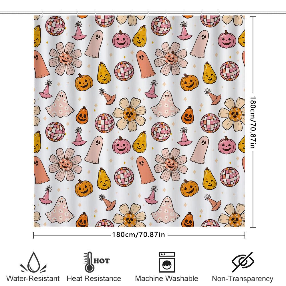 Charming Halloween Pattern Shower Curtain White Background With Cute Ghosts, Pumpkins Bubbles Waterproof Fabric For Bathroom Dec