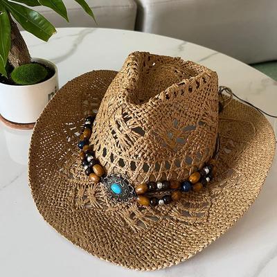 Vintage Zomer Strand Boheemse Strooien Hoed Schelp Dames Heren Westerse Cowboy Hoeden Houten Kralen Uitgesneden Zon Hoed Vakantie Pet