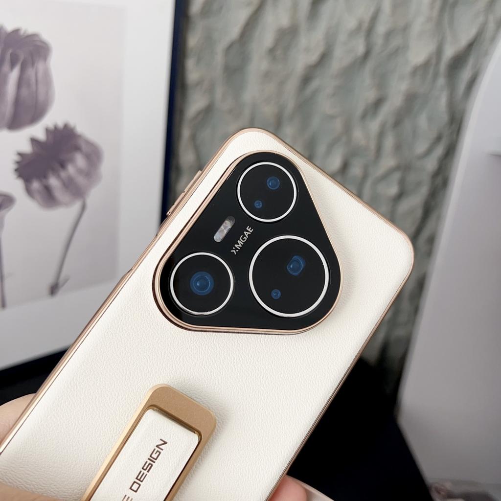 For Huawei Pura 80 70 Pro Plus Ultra Genuine Leather Case Camera Lens Protector Finger Grip Metal Bracket Electroplating Cover