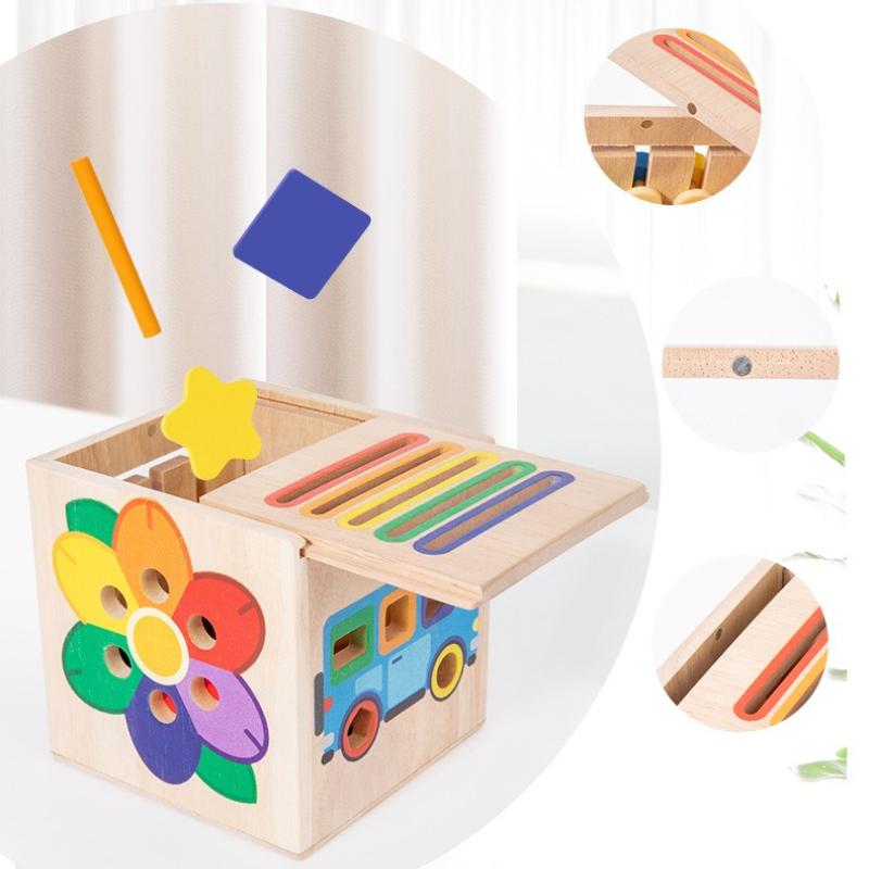 Non-Toxic Montessori Multicolor Shape Sorting Cube Color Cognition Wooden 5 In 1 Multifunctional Box Christmas Birthday Gifts For Todller