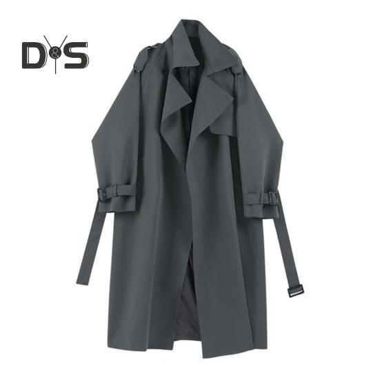 

Женская ветровка с отложным воротником, свободное однотонное пальто с длинными рукавами, декорированное поясом, пальто средней длины с карманами, ветрозащитная женская куртка XL серый