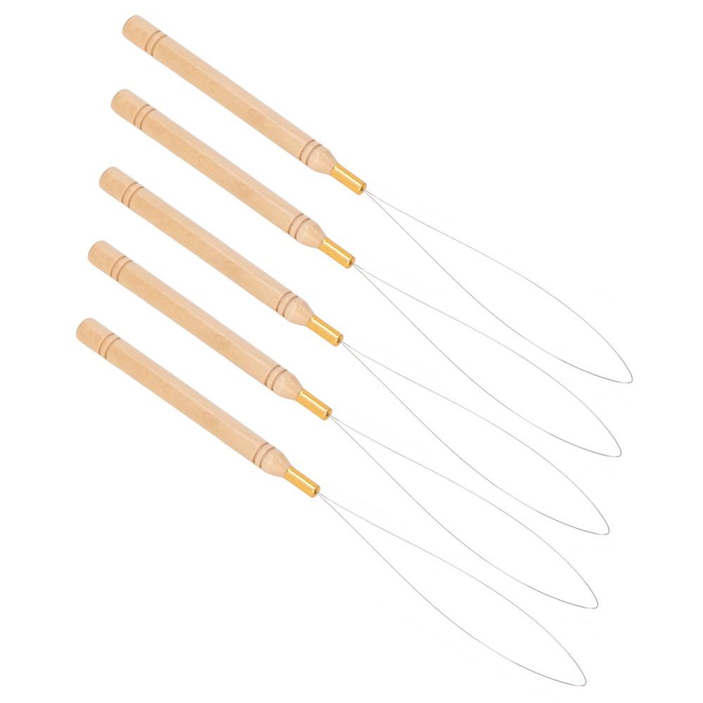 10Pcs Anti-Slip Handle Pulling Hook Tool Beech Wood Handle Micro Ring Threader  For Hair Extensions
