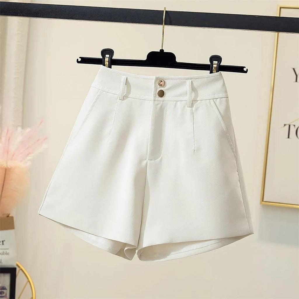 Women's White High-Waisted Wide-Leg Suit Shorts - Summer Petite Loose A-Line Hot Pants