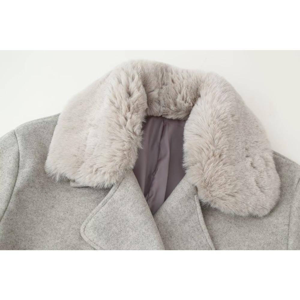 Women Short Wool Blend Coat Faux Fur Collar Cuffs Lapel Cropped Winter Outerwear