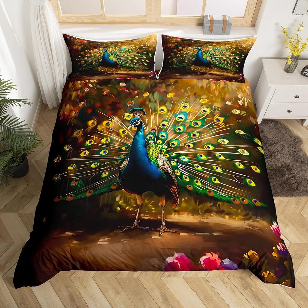 Peacock Duvet Cover Twin Full Queen King Chinese Style Peach Blossom Flowers Retro Bedding Set Wild Animal Print Comforter Cover