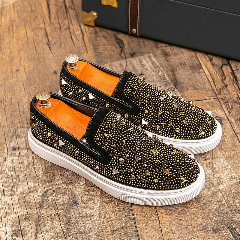 Fashion 2025 Men Tide Leather Casual Shoes Luxury Embroidery Twinkling Rhinestone Flat Shoes Leisure Sneakers Loafers Zapatillas Male