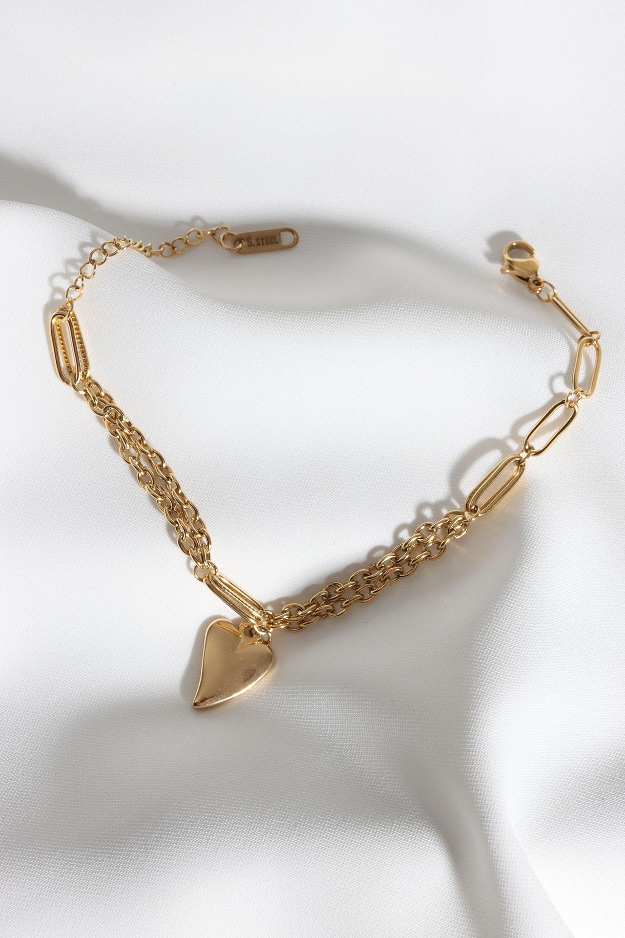 

Стальной браслет золотого цвета с подвеской в ​​виде сердца с двойной цепочкой