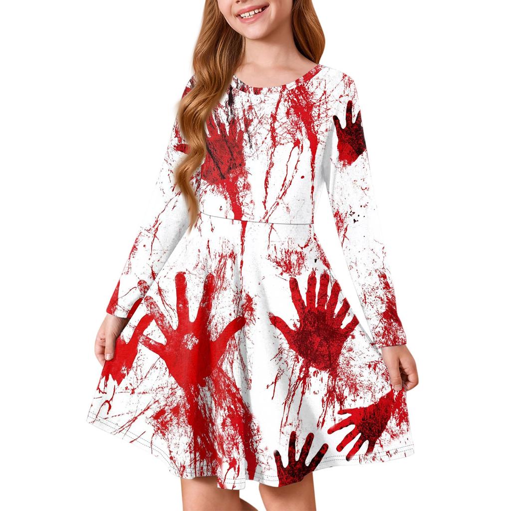 Girls' Summer Princess Dress Halloween Day- Long Sleeve A-Line T-Shirt Dress
