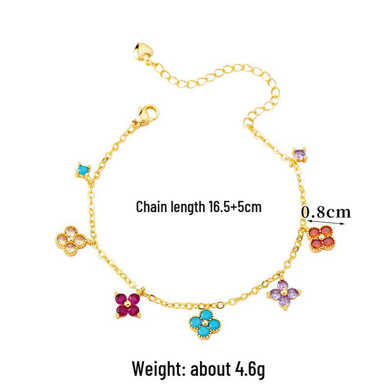 Vietnam Gold Minimalist Four-Leaf Clover Necklace & Zircon-Inlaid Flower Bracelet Set