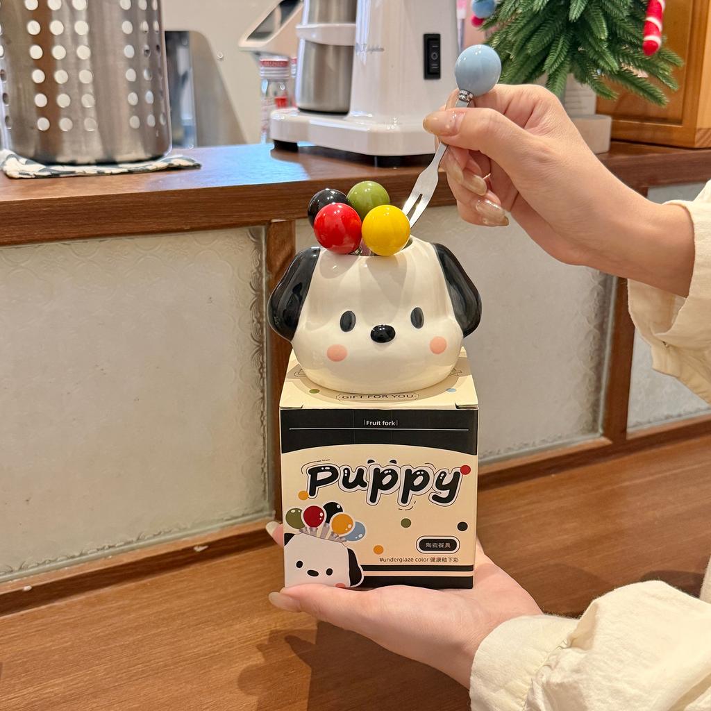 Cute Puppy Fruit Fork Set Household Stainless Steel Dessert Small Fork Storage Jar Living Room Fruit Tea Children's Fruit Stick