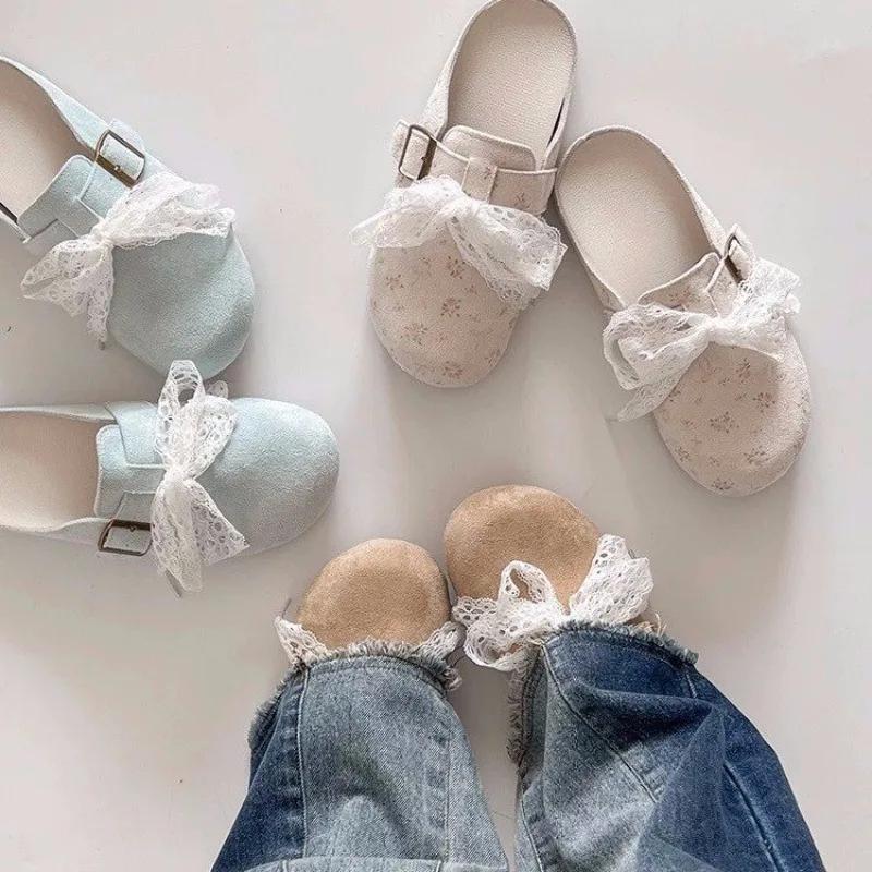 Fashion National Style French Lace Bow Baotou Half Slippers for Women's Outward Wear 2025 Summer New Platform Cool Mop