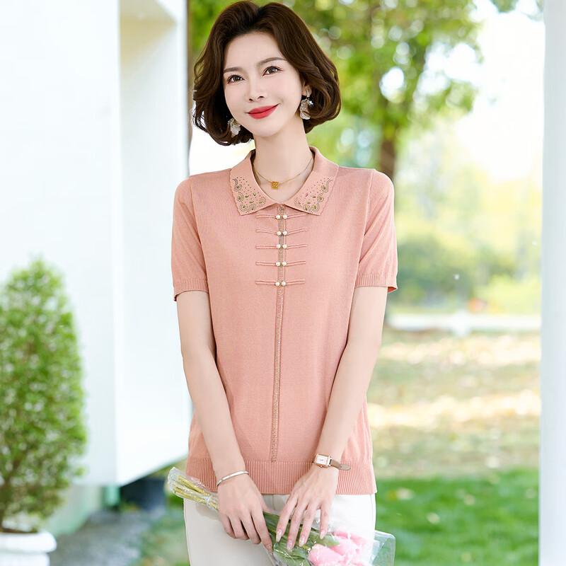 WoXue Women's New Chinese Style Ice Silk Knitted Short Sleeve T-Shirt