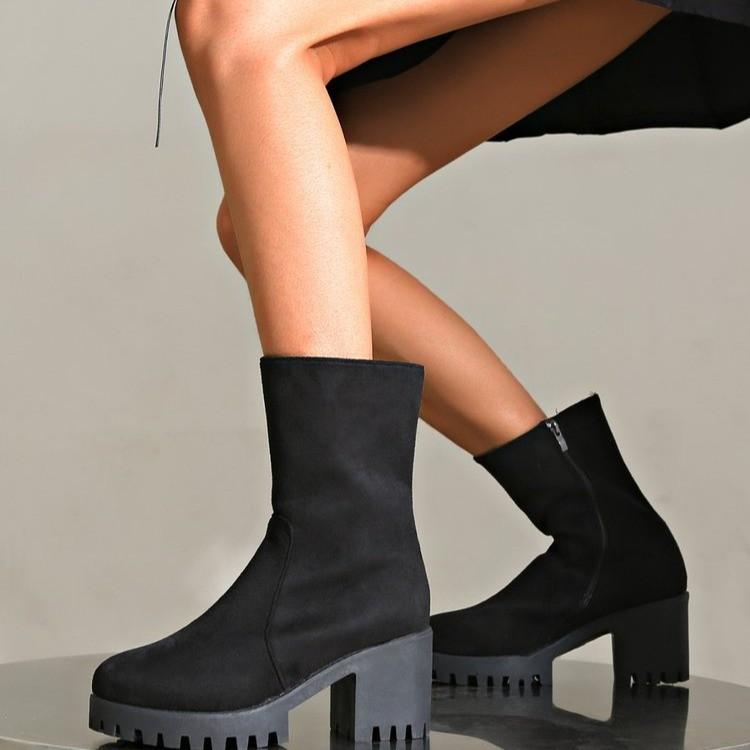 

Короткие сапоги полусапоги толстый каблук универсальные туфли ципао для девочек античная молния водонепроницаемые сапоги на платформе большой размер женская обувь нескользящая 42 чёрный