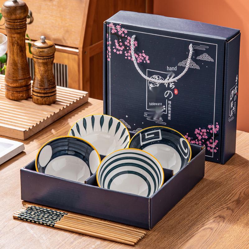 Retro Vintage Ceramic Dinnerware Set: Bowls, Plates, Dishes, Chopsticks in Gift Box - Sophisticated Small Souvenir.