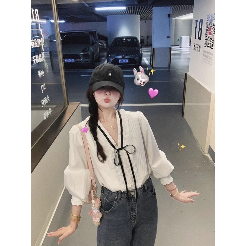 Kumikumi Sweet Style White Lace-up Temperament Age-Reducing Long sleeve Shirts Women Autumn Slimming Versatile Chic Top