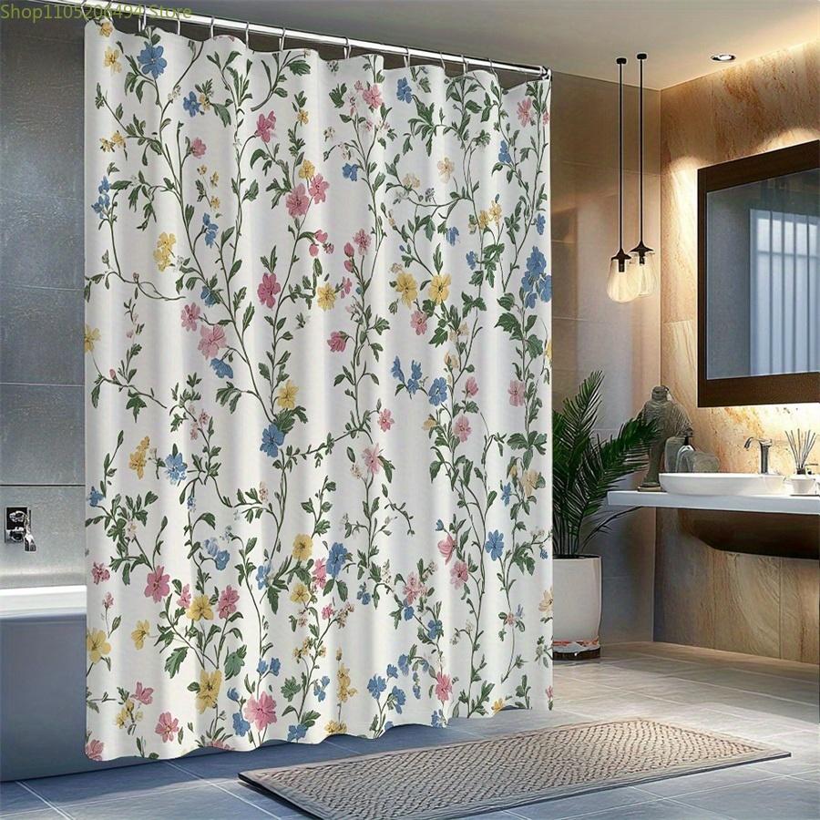 1pc Delicate Floral Shower Curtain, Vintage Botanical Style, Soft Cream Background, Pink, Yellow, and Blue Flowers On Intertwi