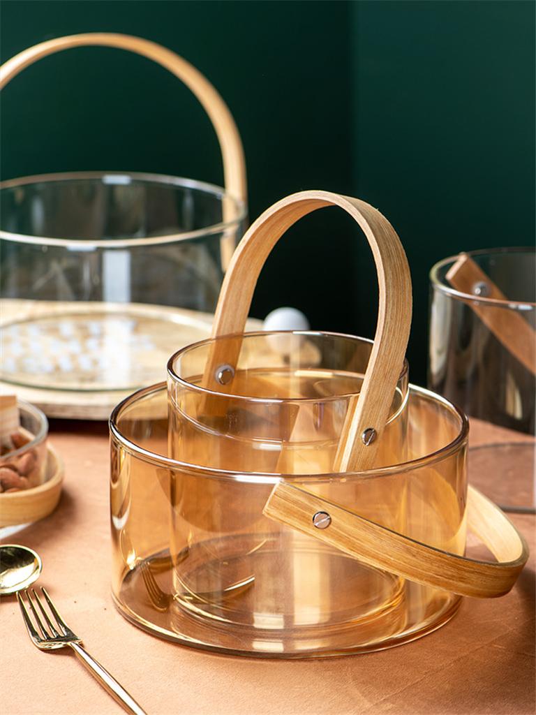 Přenosná průhledná skleněná mísa na ovoce | Kbelík na ledové víno | Salátová mísa | Koš na svačinu s dřevěnou rukojetí