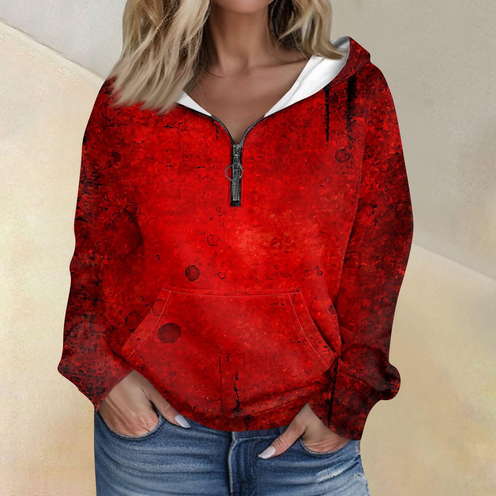 

Женская мода Хэллоуин Печать Длинный рукав Свободный полумолния Толстовка с капюшоном с карманами XXL винный