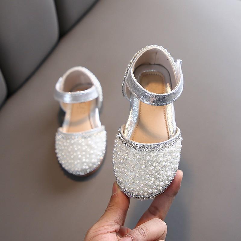 Girls Sparkly Flat Sandals Princess Dress-Up School Performance Everyday Wear PU Upper With Anti-Slip Rubber Sole