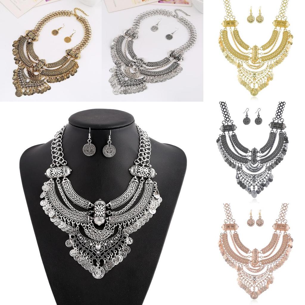Finish Antique Coin Necklace Earrings With Bold Chain Women Accessories Elegant