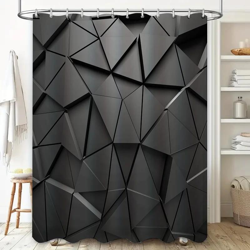 Moderní černá geometrická sprchová závěs - Abstraktní trojúhelníkový design pro současnou koupelnovou výzdobu, Vodotěsný a snadno udržovatelný