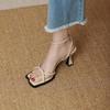 2025 Summer Narrow Band Heel Sandals Women Thick Heel 7 CM Ankle Strap Fashion Square Toe Ladies Dress Sandalias Women's Shoes