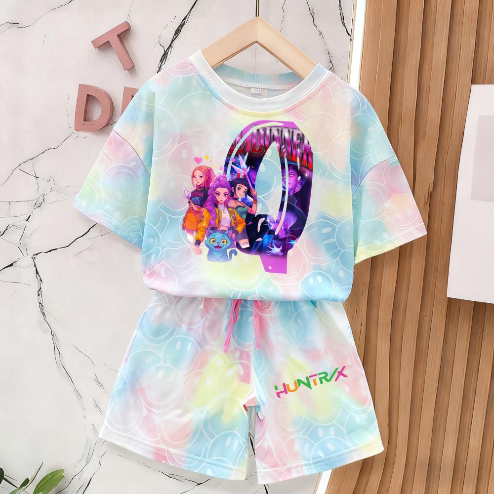 Summer Demon Hunters T-Shirt and Pants Set Girls' Clothing Cute Smiley Face 3D Print Short-Sleeve Set Kids' T-Shirt and Shorts Set