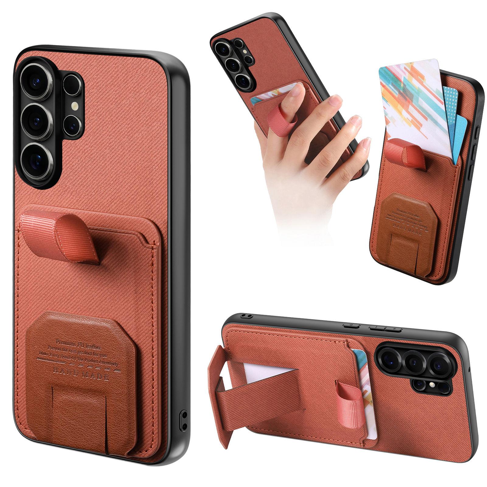 

Luxury Wristband Holder Card Slot Phone Case For Samsung S26 Ultra S25 Plus S24 A36 A56 A17 A07 Stand Adjustable Anti Drop Cover Galaxy S25 світло-коричневого кольору
