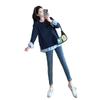 Navy Blue Long Sleeve Maternity Top, Spring/Autumn 2025, Plus Size, Fake Two-Piece Design Sweatshirt