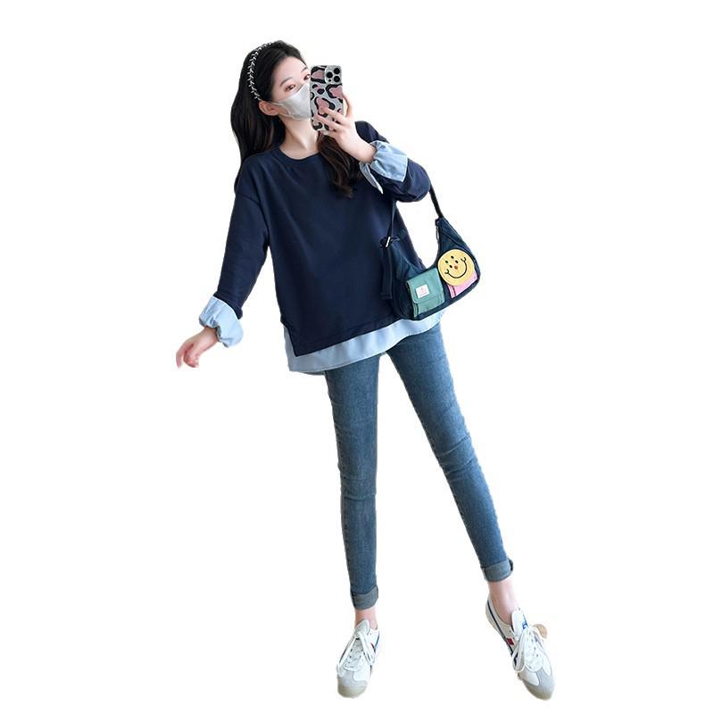 Navy Blue Long Sleeve Maternity Top, Spring/Autumn 2025, Plus Size, Fake Two-Piece Design Sweatshirt