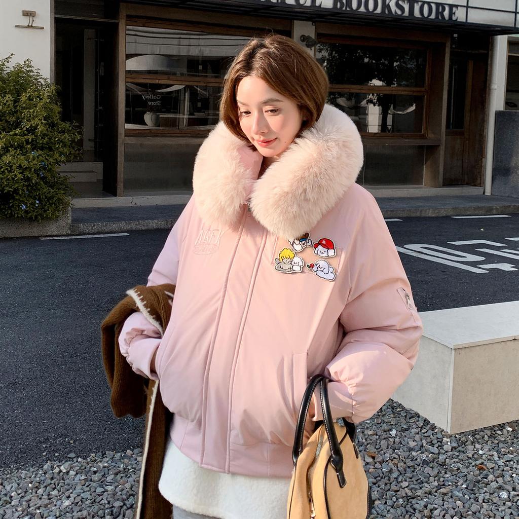 Solid color cartoon short cotton-padded clothes women's hooded big fur collar autumn and winter thickened thermal cotton jacket brick and mortar store