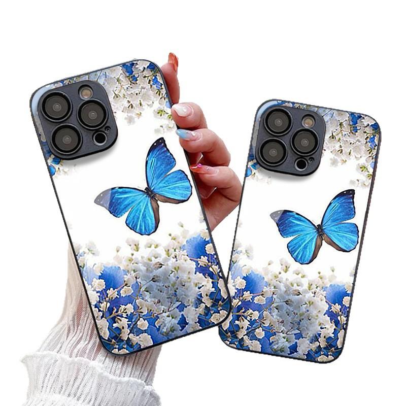 Blue butterfly flower is suitable for iPhone Apple 17Promax full series fine hole 17Pro explosion new 17Air new