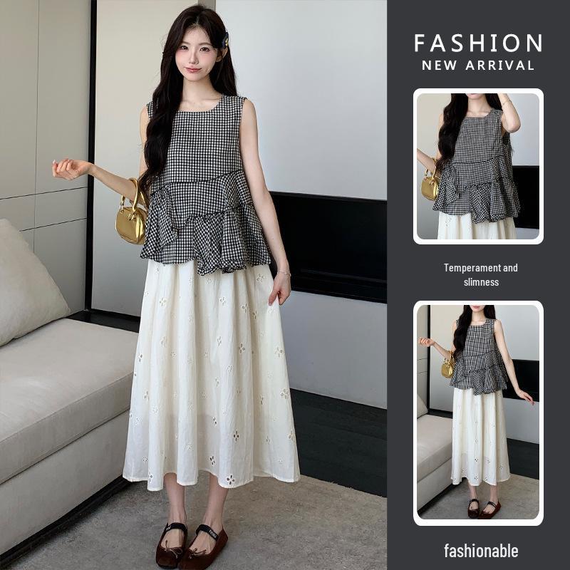 2026 Summer Plaid Sleeveless Maternity Top & Apricot Hollow-Out Skirt Set