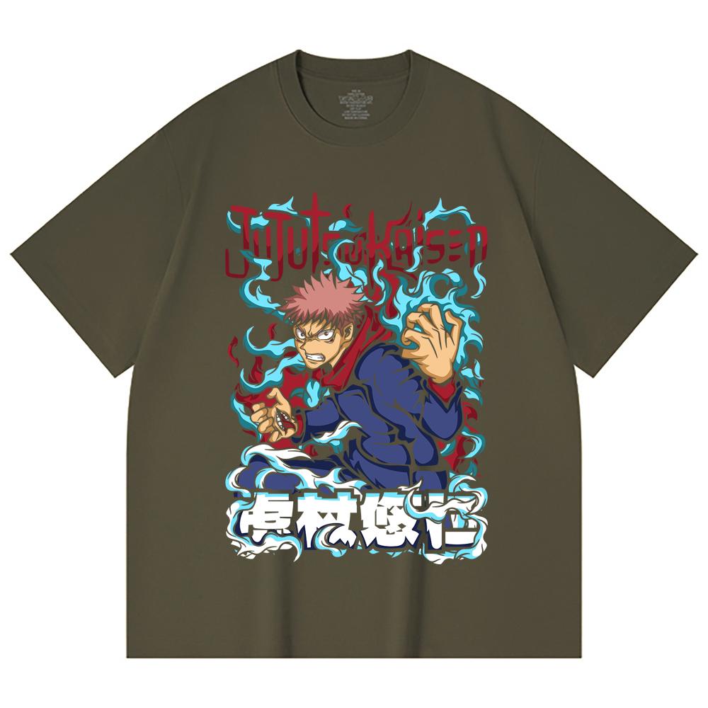 230 Gsm 100% Cotton Jujutsu Kaisen V50 Yuji Print Unisex Heavy Cotton T Shirt