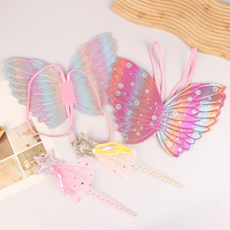 Children Beautiful Butterfly Angel Wings Girls Fairy Magic Wand Flower Fairy Performance Princess Birthday Party Dress Up Props