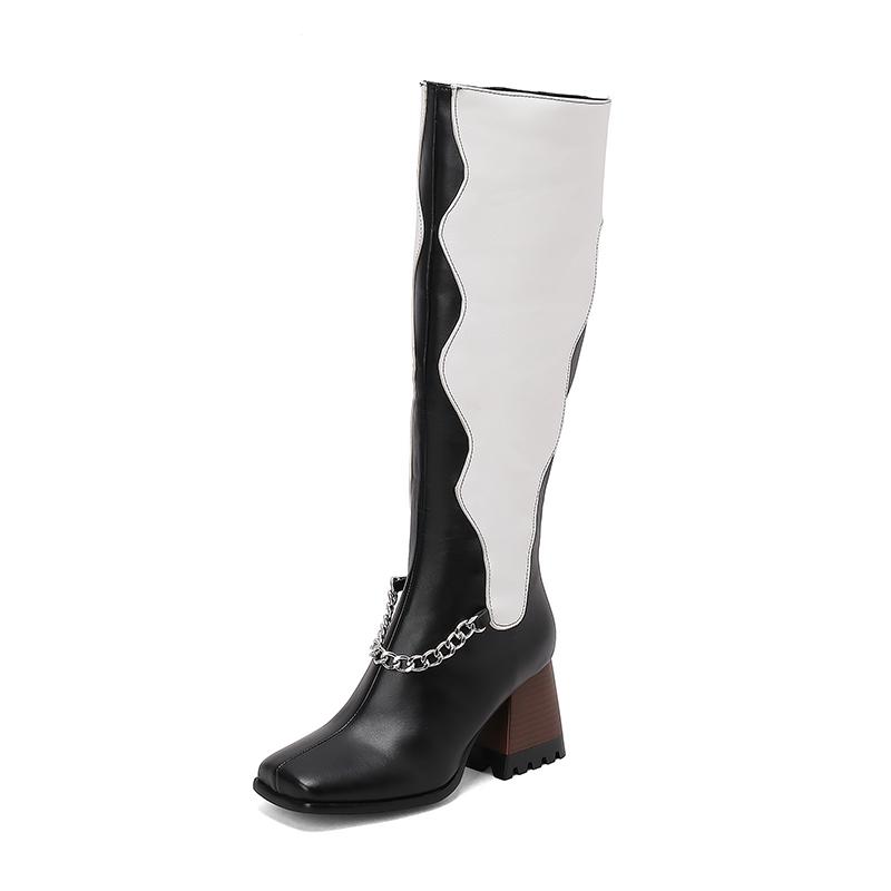 Hochwertige Lederstiefel für Damen Mode Dicke Hohe Absätze Kette Reißverschluss Kniehohe Stiefel Rutschfest Gemütliches Filzfutter Damenstiefel